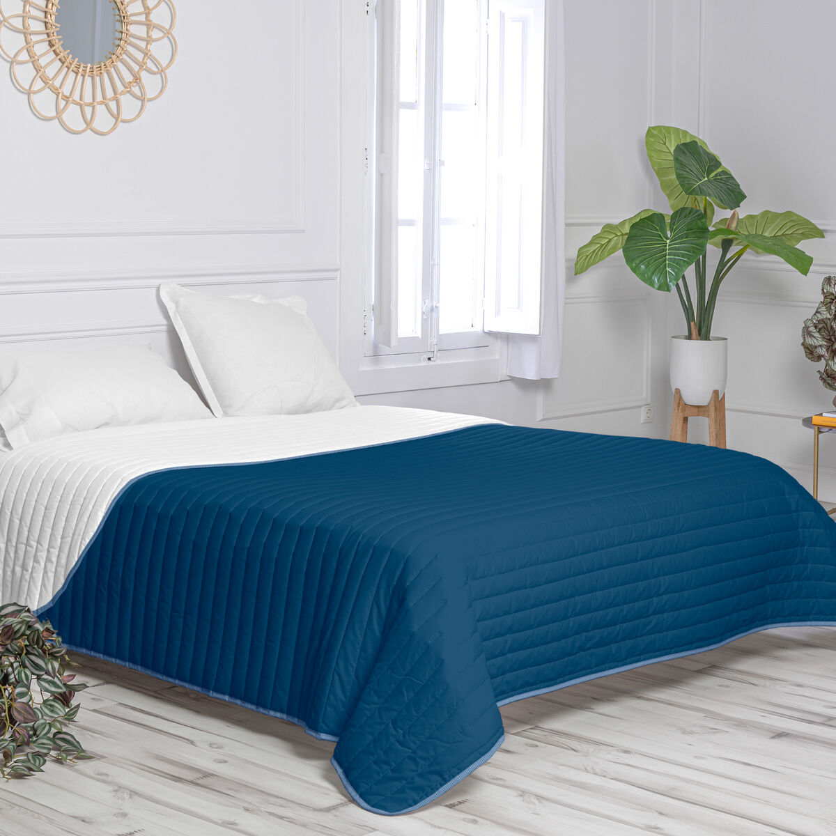 Sengetæppe med to sider HappyFriday Basic Dash Hvid Marineblå 180 x 260 cm